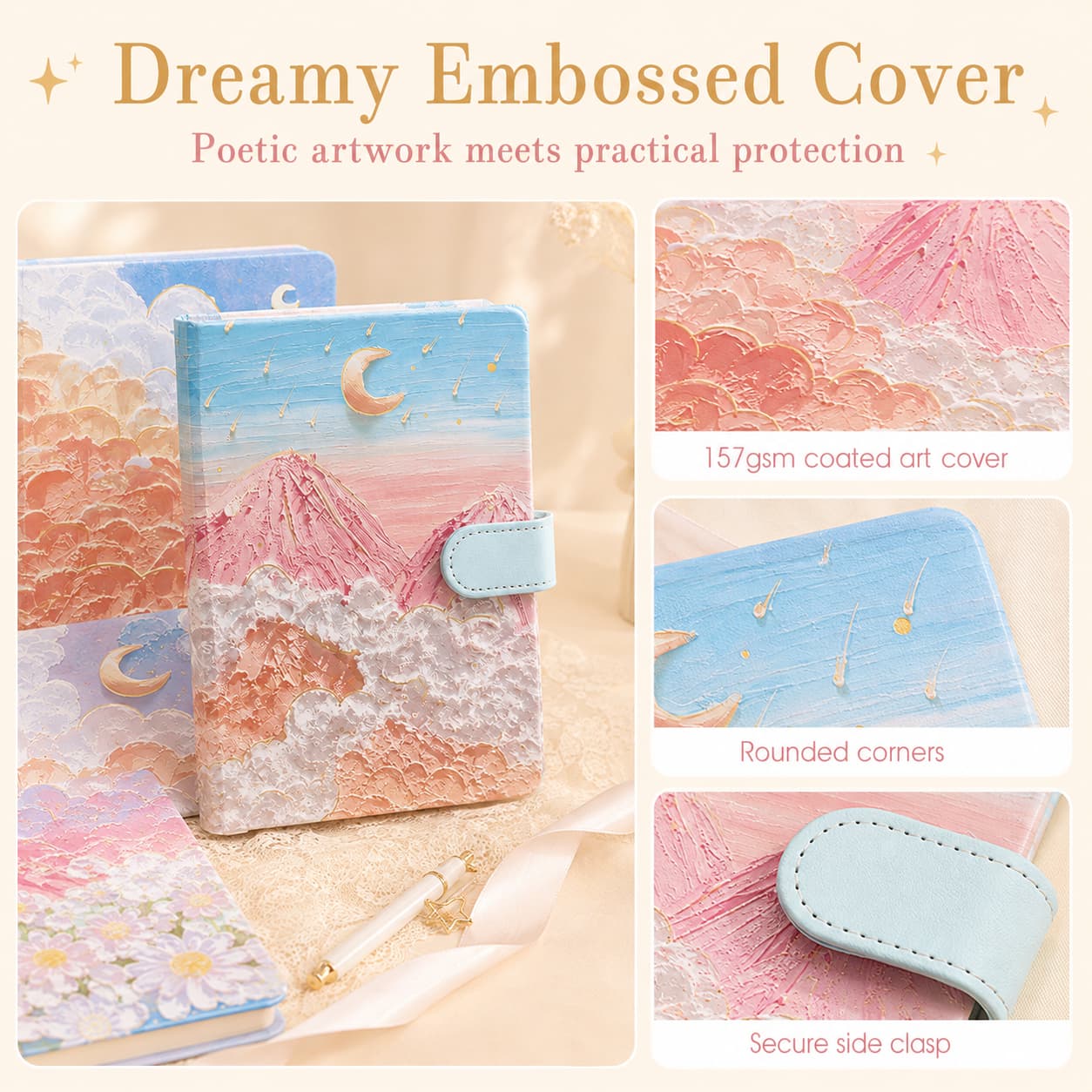 Pastel illustrated notebooks with close-up details of the textured art cover, rounded corners and secure side clasp.