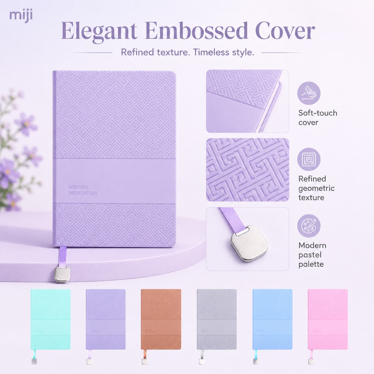 Lavender notebook with close-up views of the soft-touch cover, geometric embossing and pastel color options.