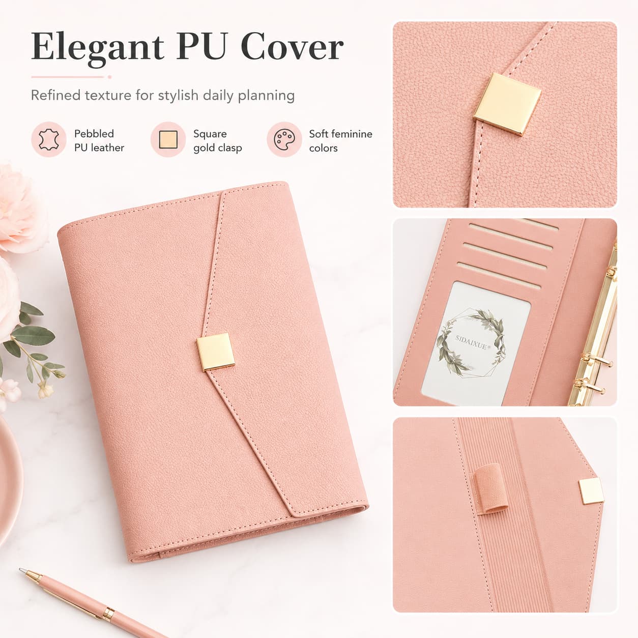 Blush pink planner organizer showing pebbled PU texture, square gold clasp, card slots, ID window, pen loop, and stitching details.