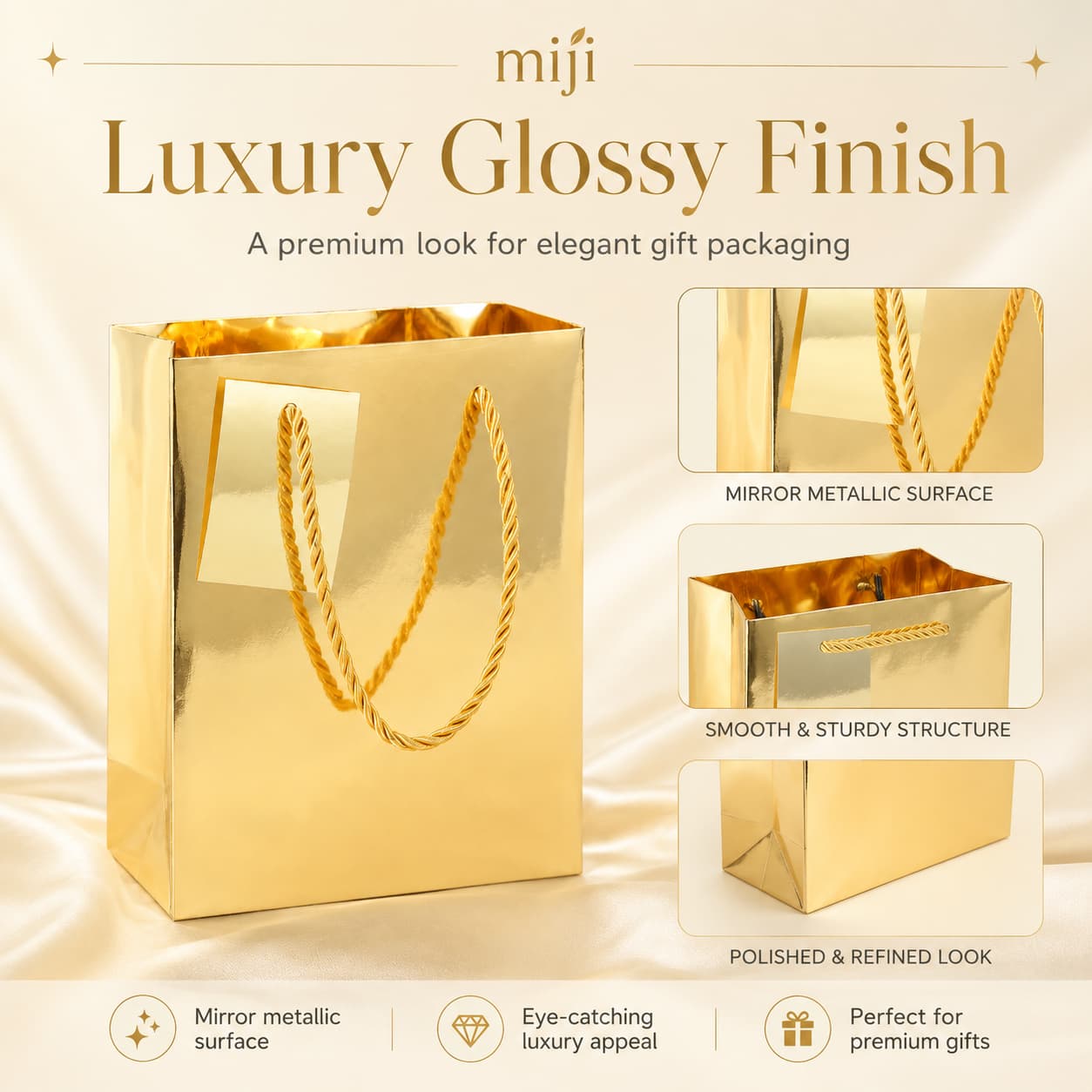 Metallic gold gift bag with close-up views of the mirror surface, smooth structure and polished bottom corner.