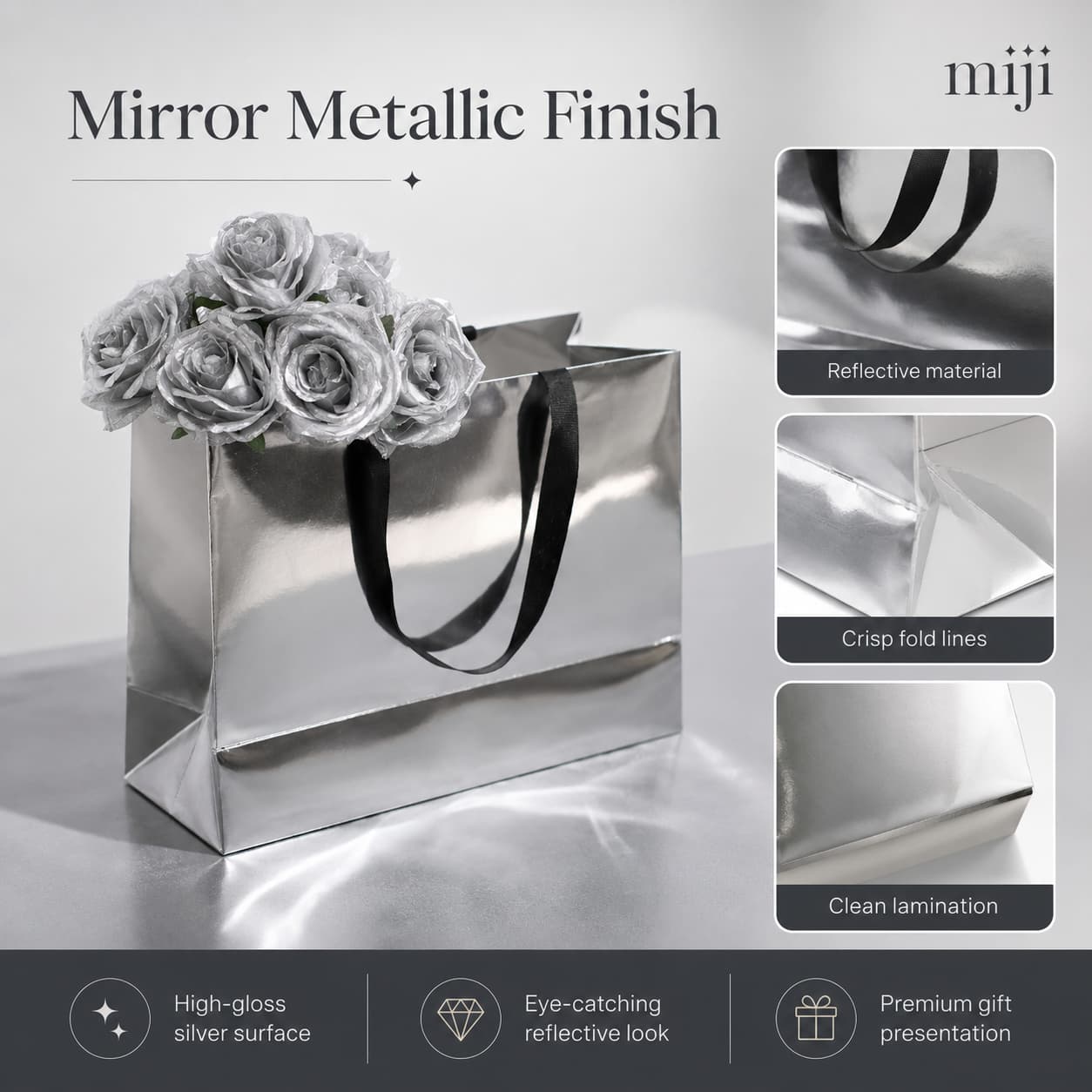 Silver paper gift bag with close-up views of its reflective metallic surface, crisp folds and premium presentation.