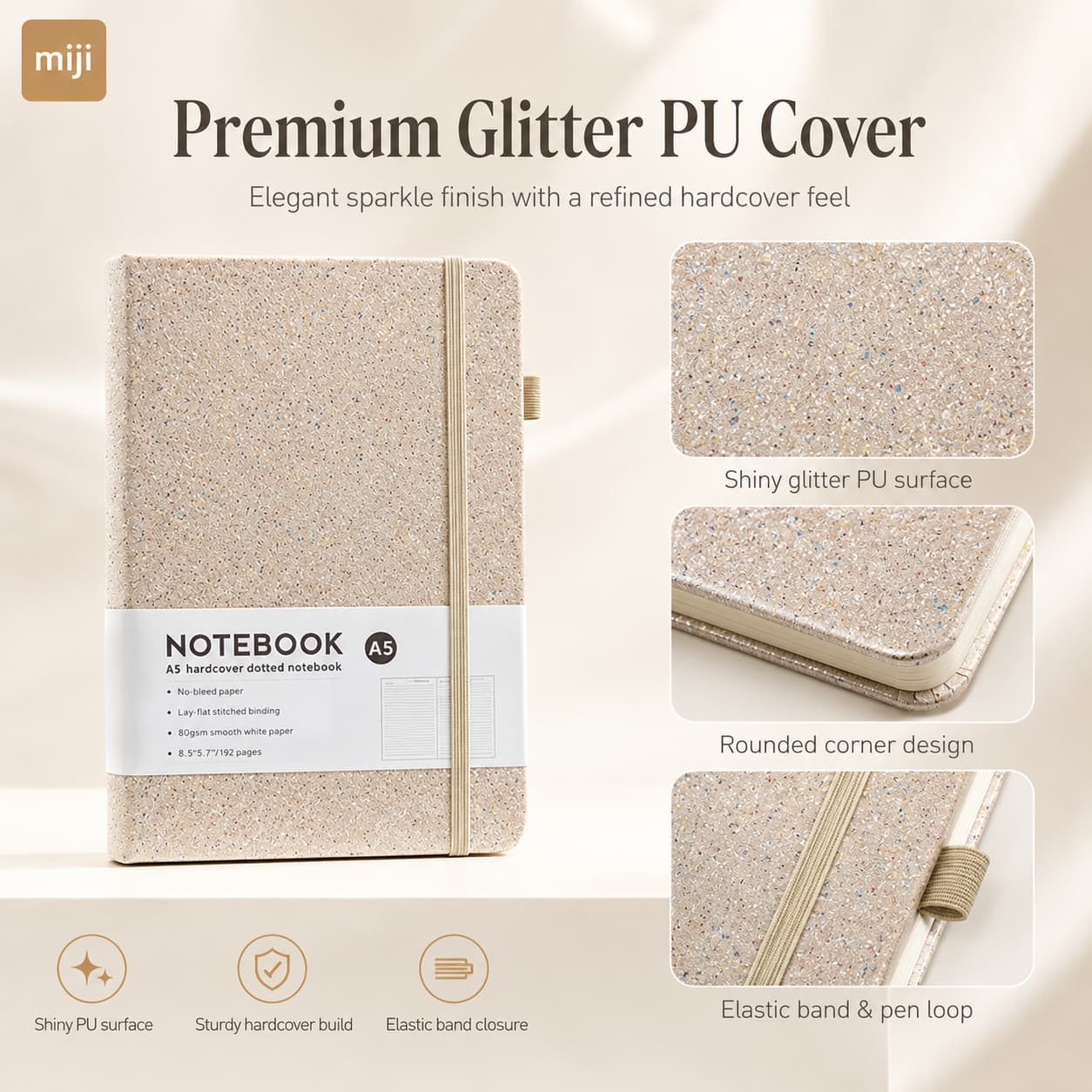 Feature image showing the glitter PU cover texture, rounded corner, hardcover build, elastic band and pen loop.