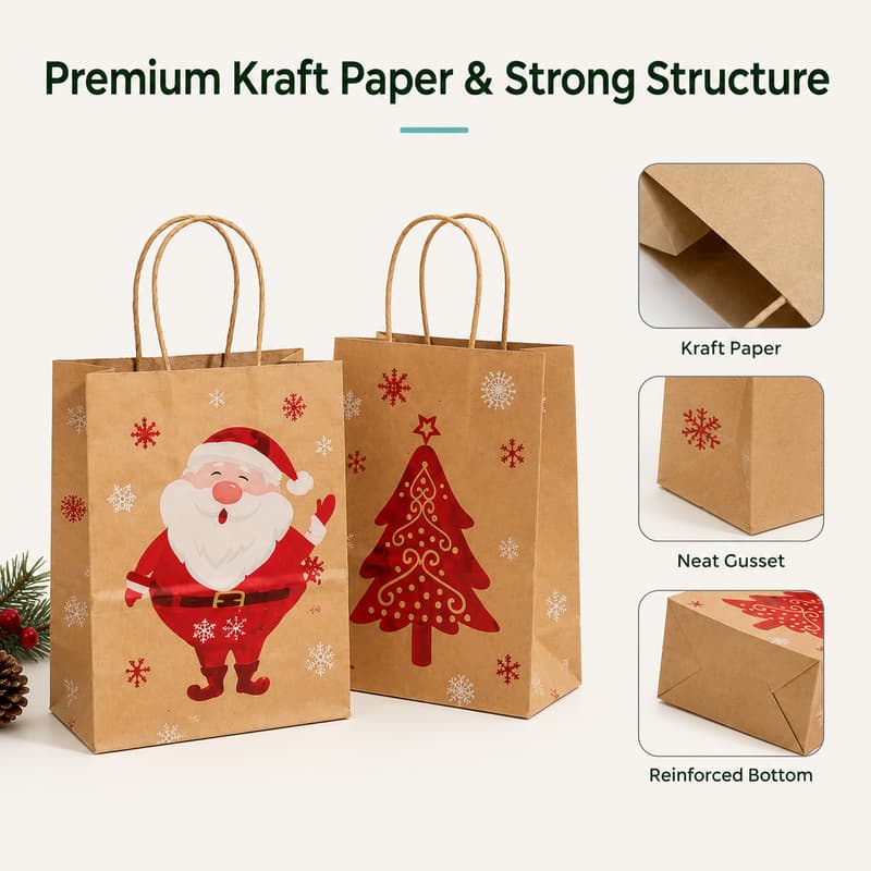 Christmas kraft paper gift bags with detail callouts for kraft paper, neat gusset and reinforced bottom.
