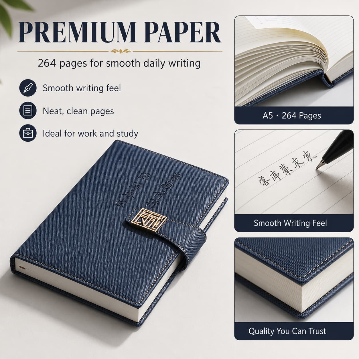 A5 textured PU notebook presented with page close-ups and customer-facing information about the 264-page writing format.