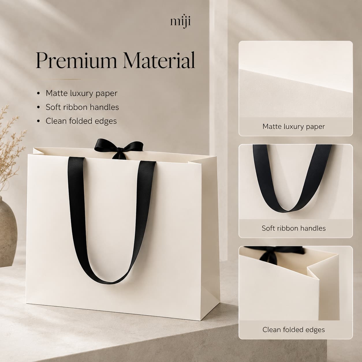 White paper gift bag with close-up views of matte paper, black ribbon handles and clean folded edges.