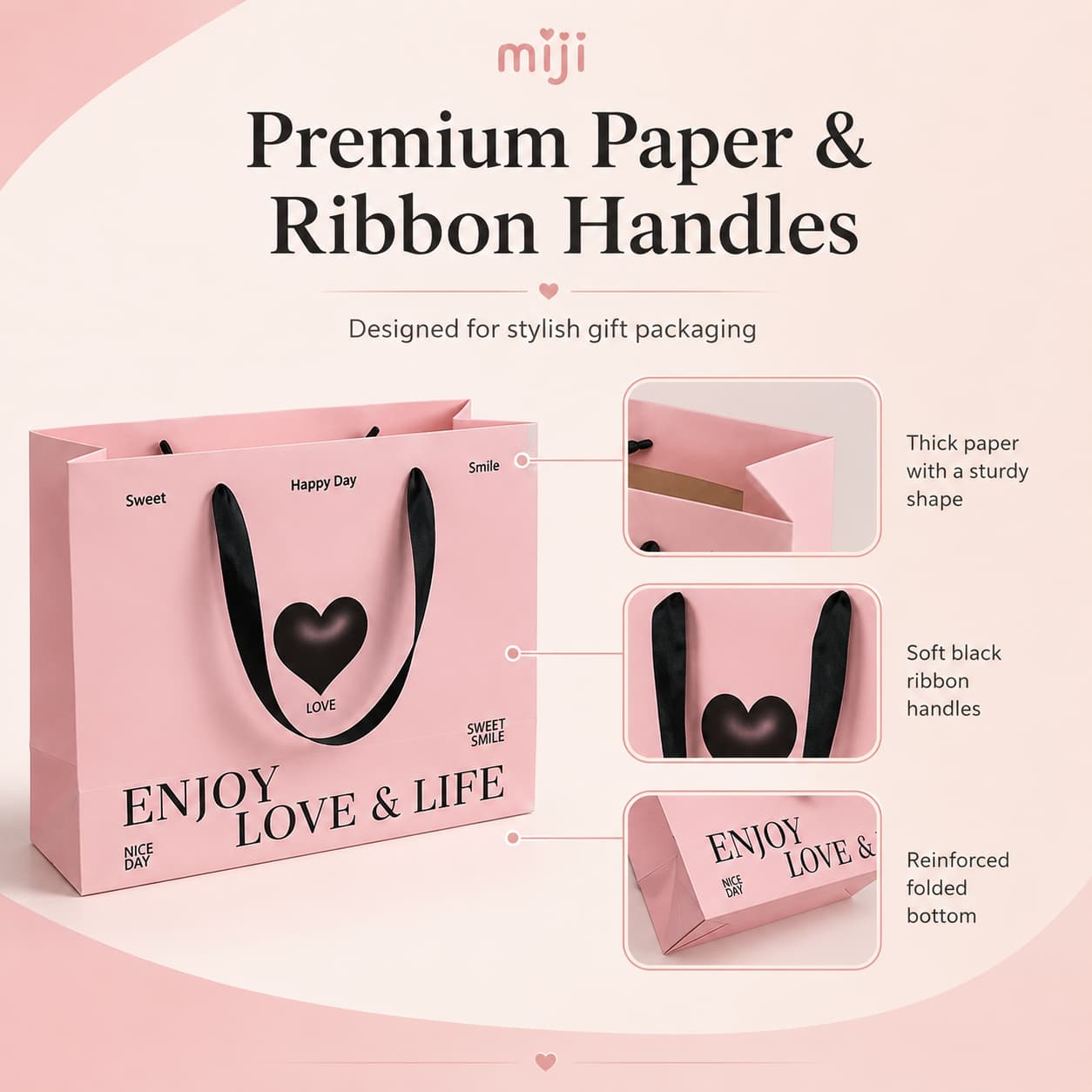 Pink paper gift bag with close-up views of thick paper, black ribbon handles and reinforced folded construction.