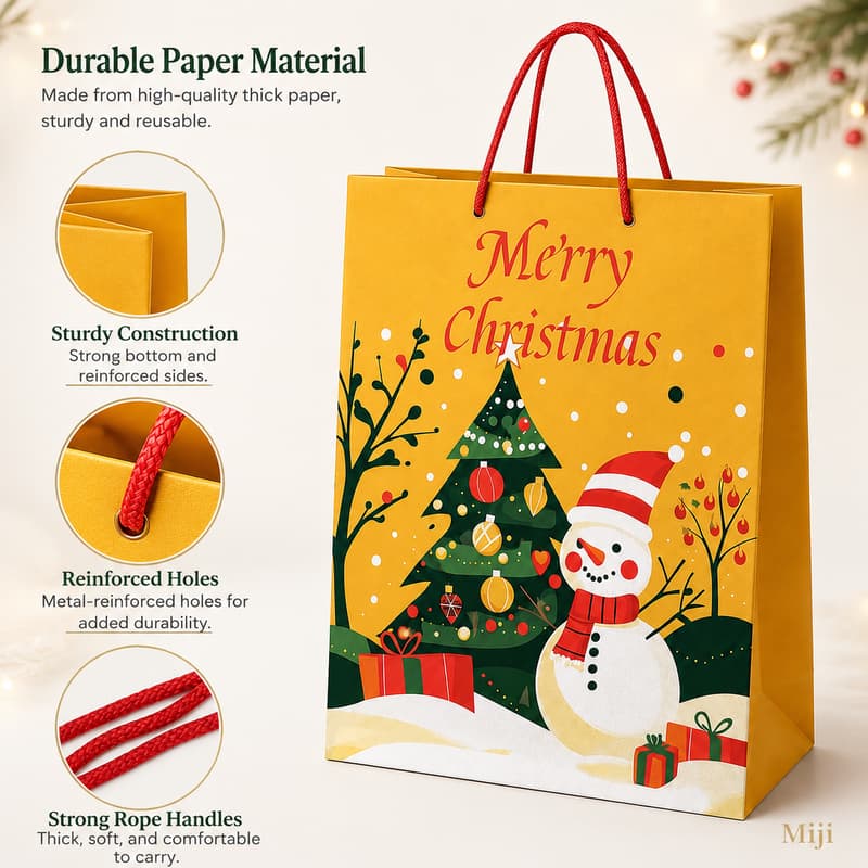 Golden Christmas gift bag with close-up views of paper body, side construction, reinforced handle holes and rope handles.