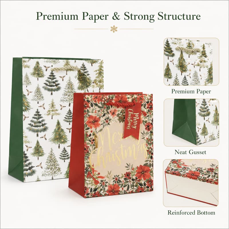 Holiday paper gift bags with detail views of the paper surface, side gusset and reinforced bottom construction.