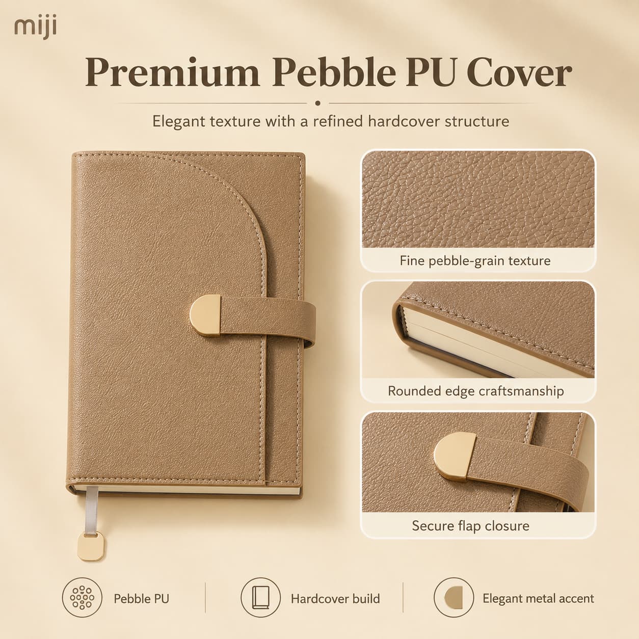 Khaki A5 notebook with close-up details of pebble-grain PU texture, stitched edges and secure metal-accent strap closure.