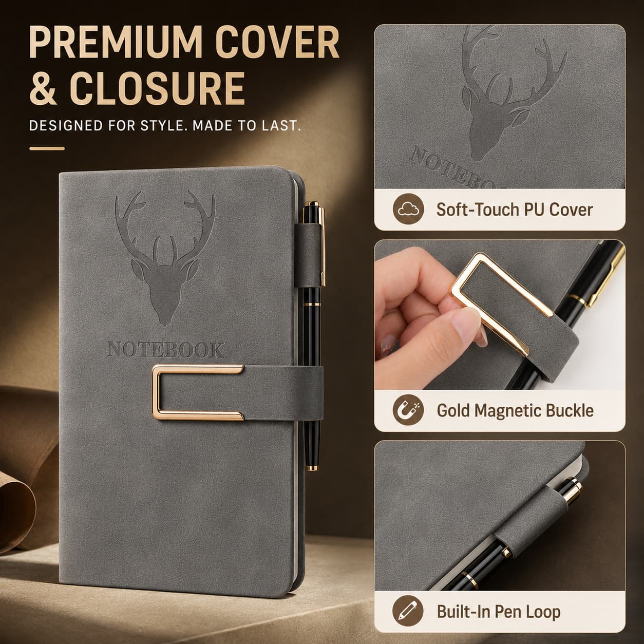 Feature graphic showing the soft-touch PU cover, deer embossing, gold magnetic buckle and built-in pen loop of the gray A6 notebook.