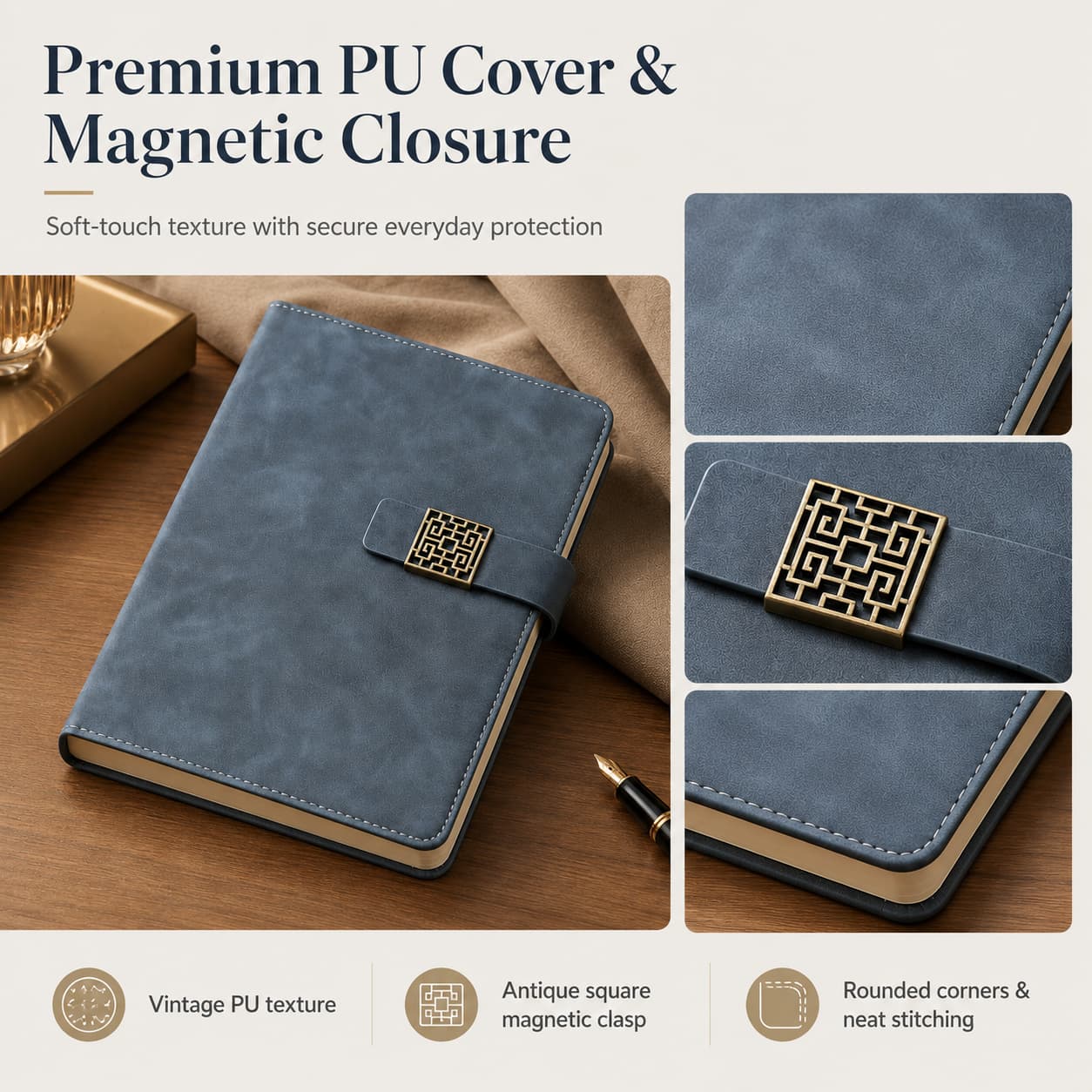 Feature graphic showing the vintage PU texture, antique square magnetic clasp, rounded corners and neat stitching of the smoky blue notebook.