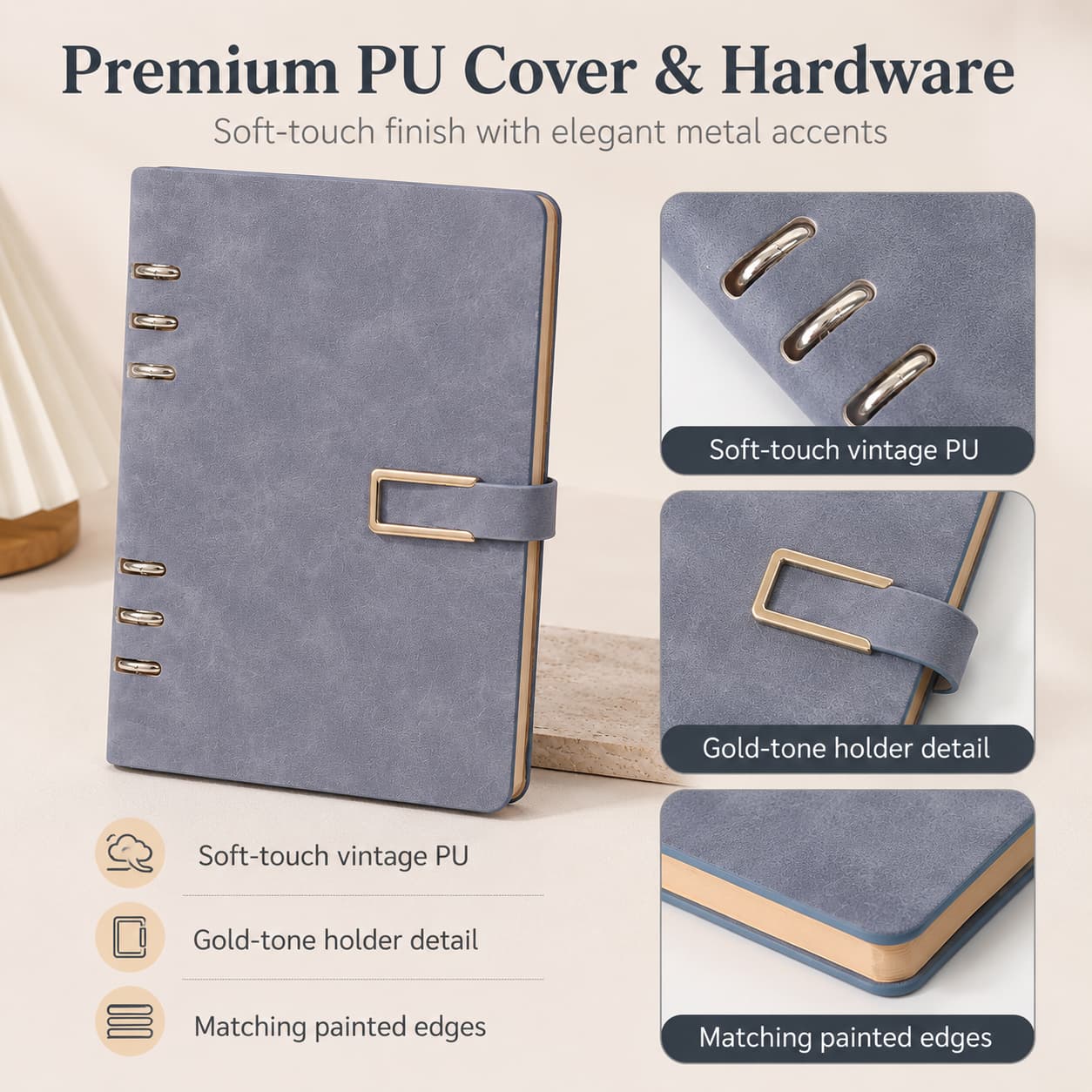Open A5 loose-leaf notebook showing the 6-ring mechanism, lined cream paper, page stack and easy page replacement.