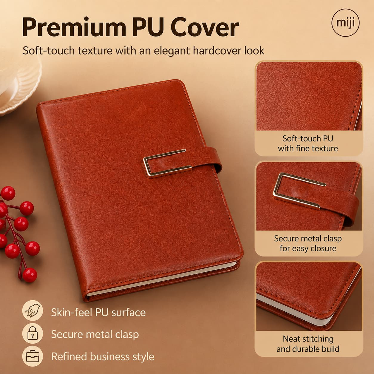 Premium PU cover and metal clasp details of an A5 business notebook.