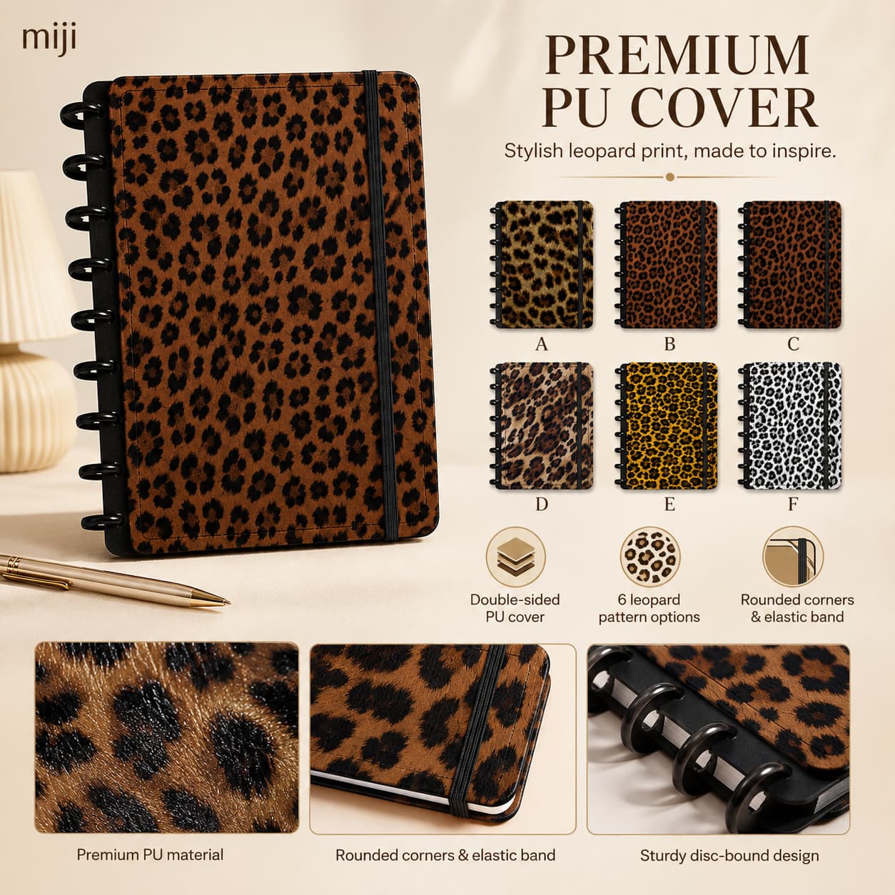 Feature image showing a classic leopard-print PU notebook, six cover patterns, rounded corners, elastic closure and disc-bound details.