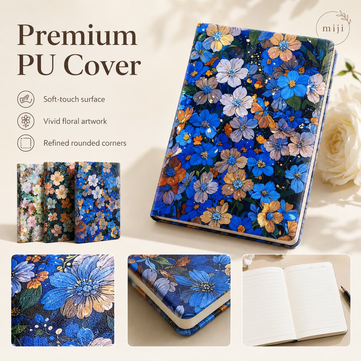 Feature image showing a vivid blue floral PU notebook with close-ups of the printed surface, rounded corners and cover details.