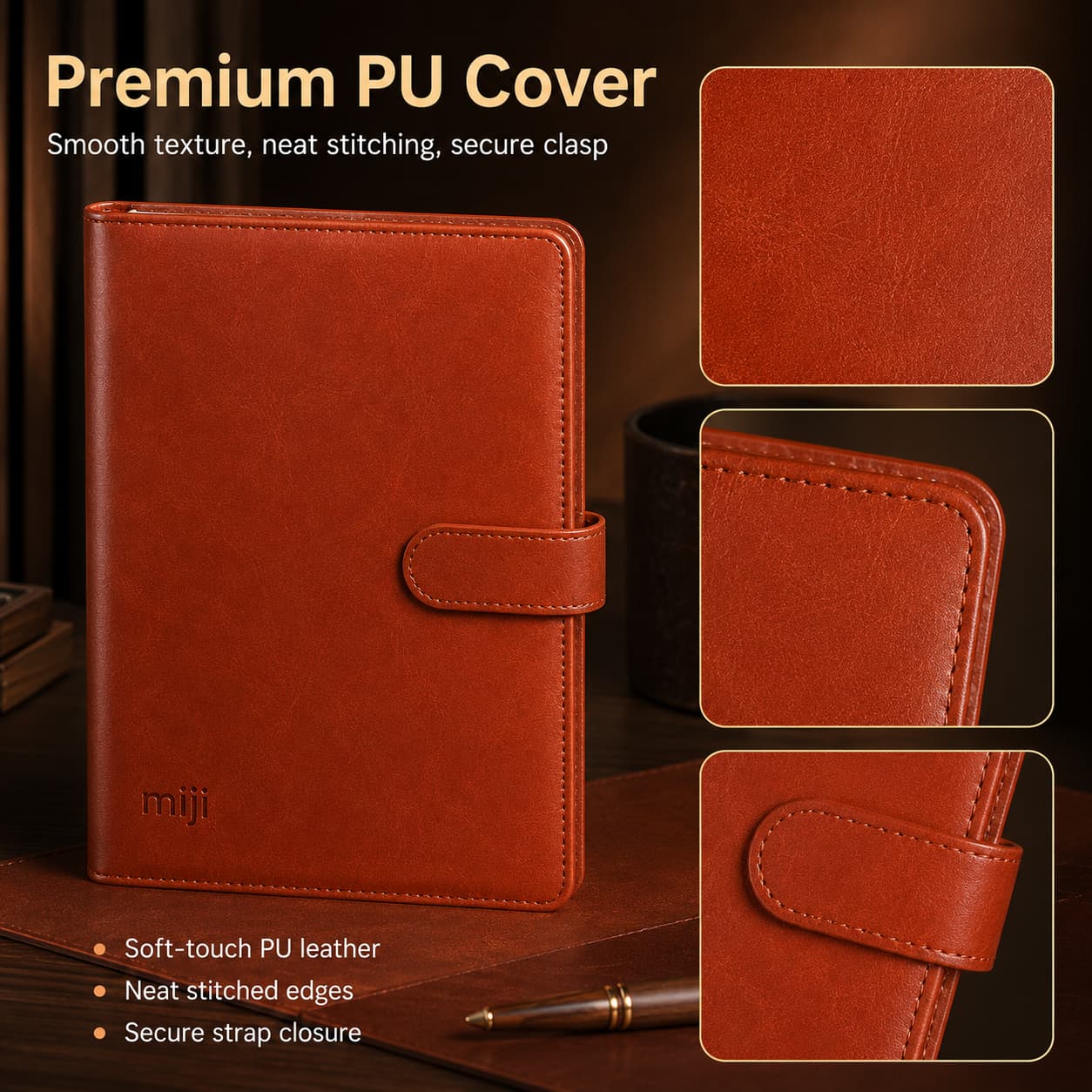Cognac PU notebook with close-up details of the smooth leather texture, neat stitched corner and secure strap closure.