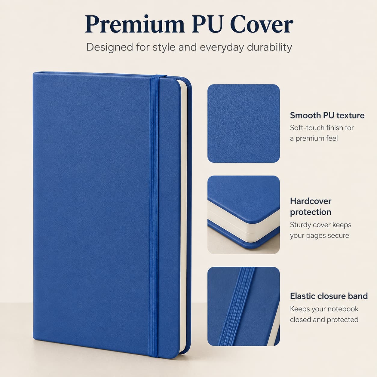 Sapphire blue A5 notebook showing PU cover texture, hardcover protection, rounded corners, and elastic closure details.
