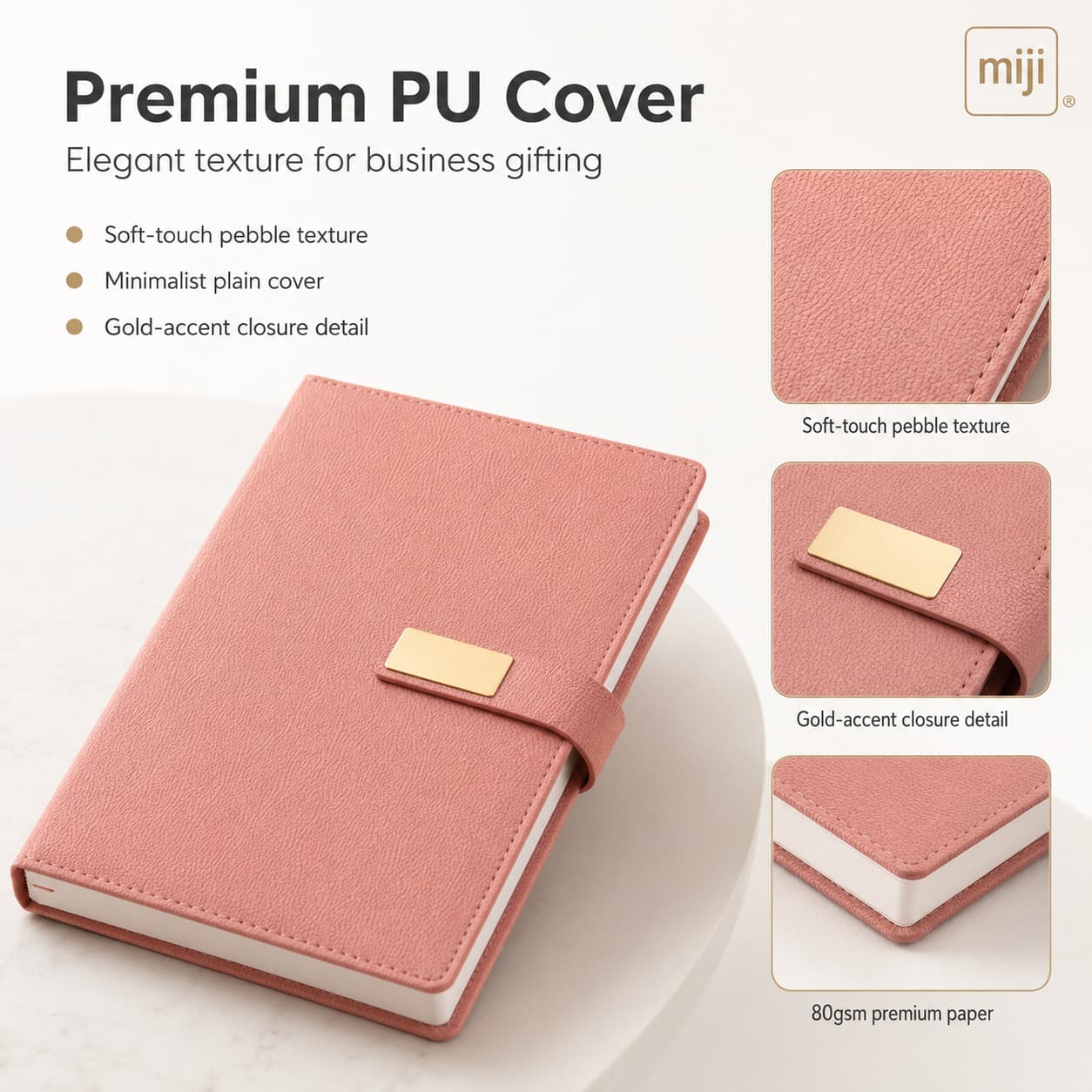 Cherry pink A5 notebook with close-up details of pebble PU texture, stitched edges, gold plate strap closure, and page block.