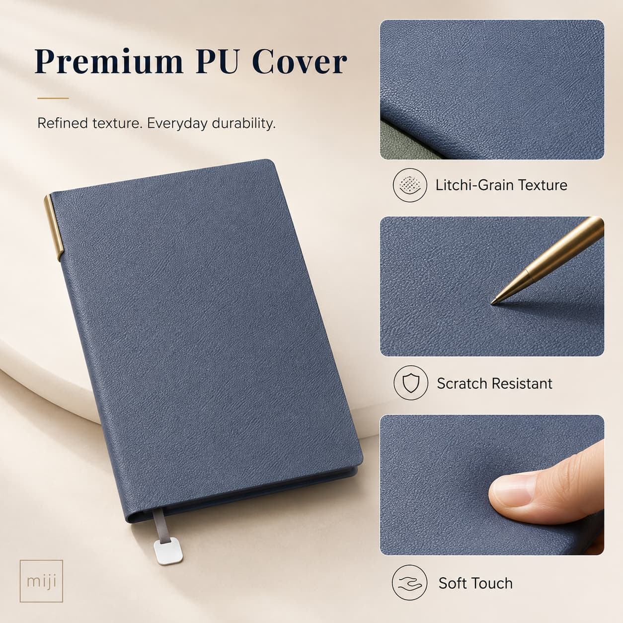 A5 notebook showing pebbled PU cover texture and close-up material details.