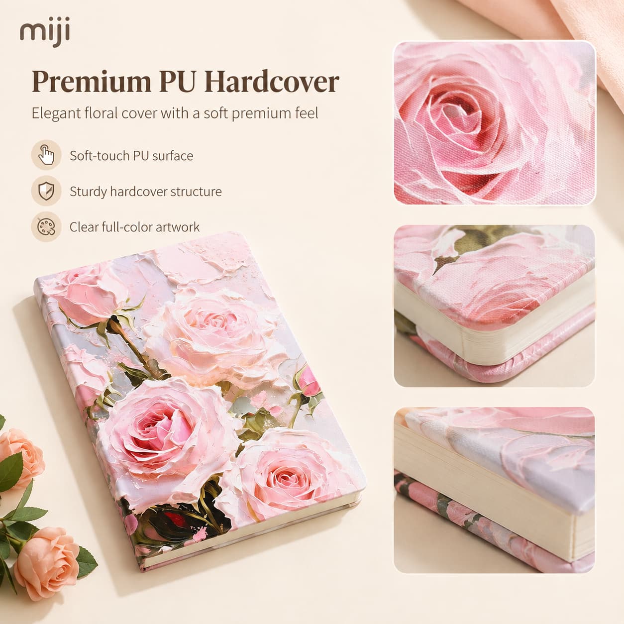 Pink rose A5 notebook with close-up details of the soft-touch PU surface, rounded corner and hardcover structure.
