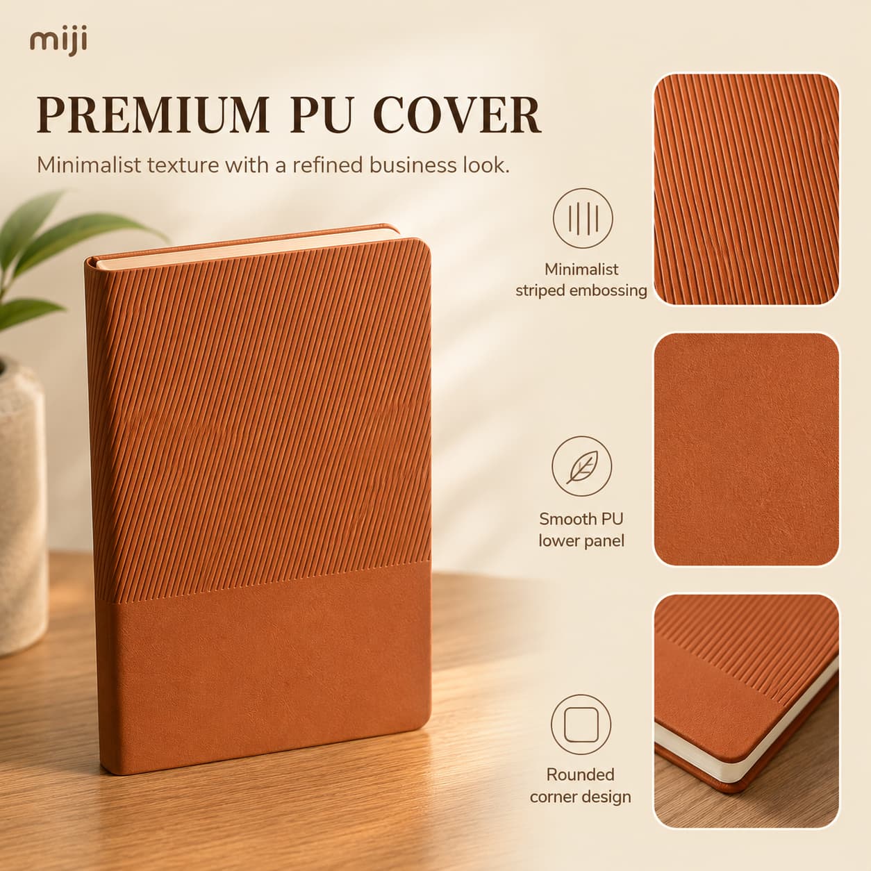 Feature image showing the striped PU cover, smooth lower panel, rounded corners and close-up surface details.
