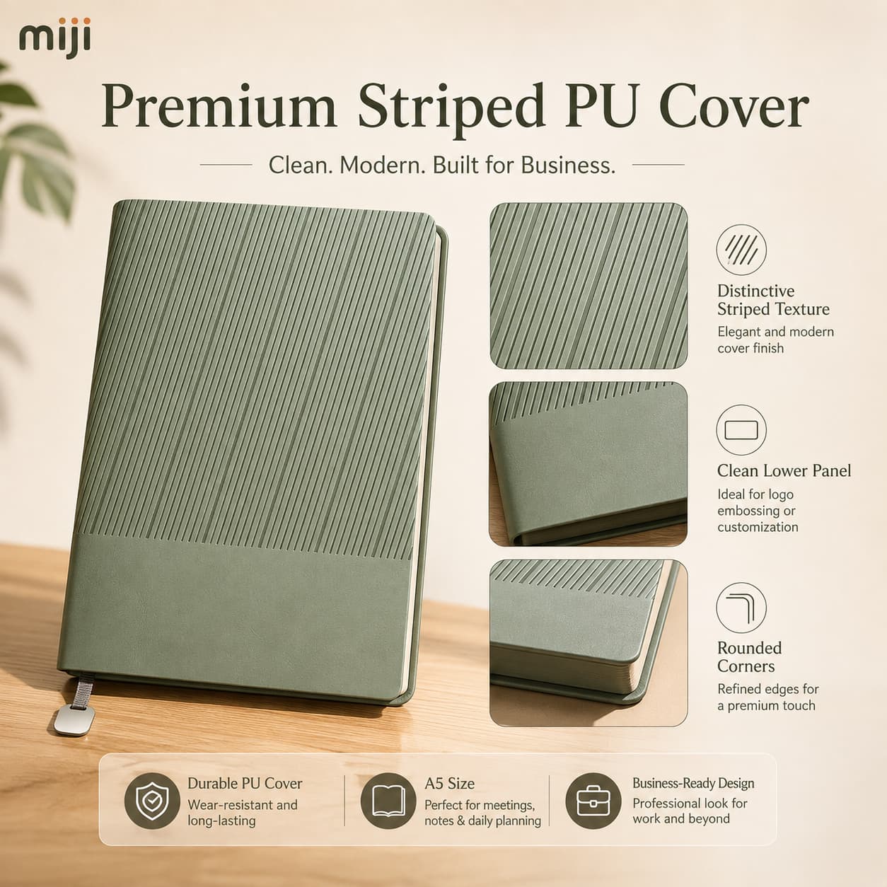 Feature image showing the striped PU cover, smooth lower panel, rounded corners and close-up surface details.