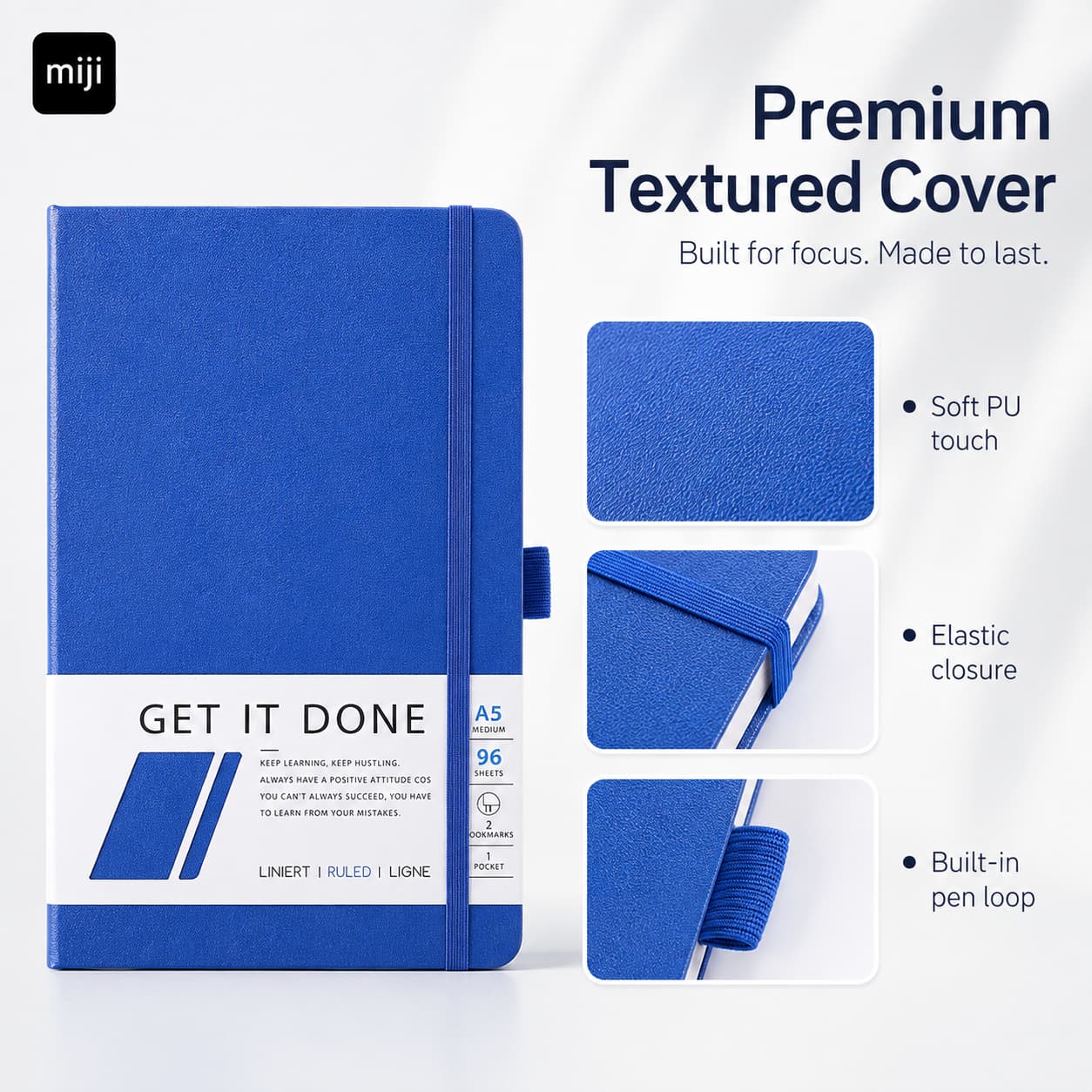 Blue A5 notebook with close-up views of the textured PU cover, elastic closure and built-in pen loop.