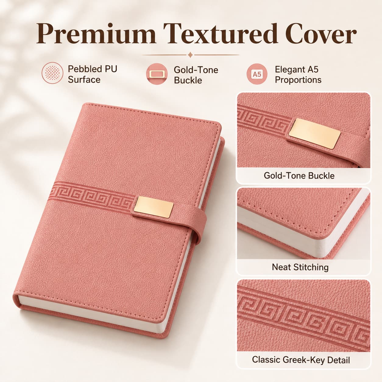 Cherry-pink A5 notebook showing palm-grain PU texture, gold-tone buckle plate, stitching, and Greek-key decorative band.