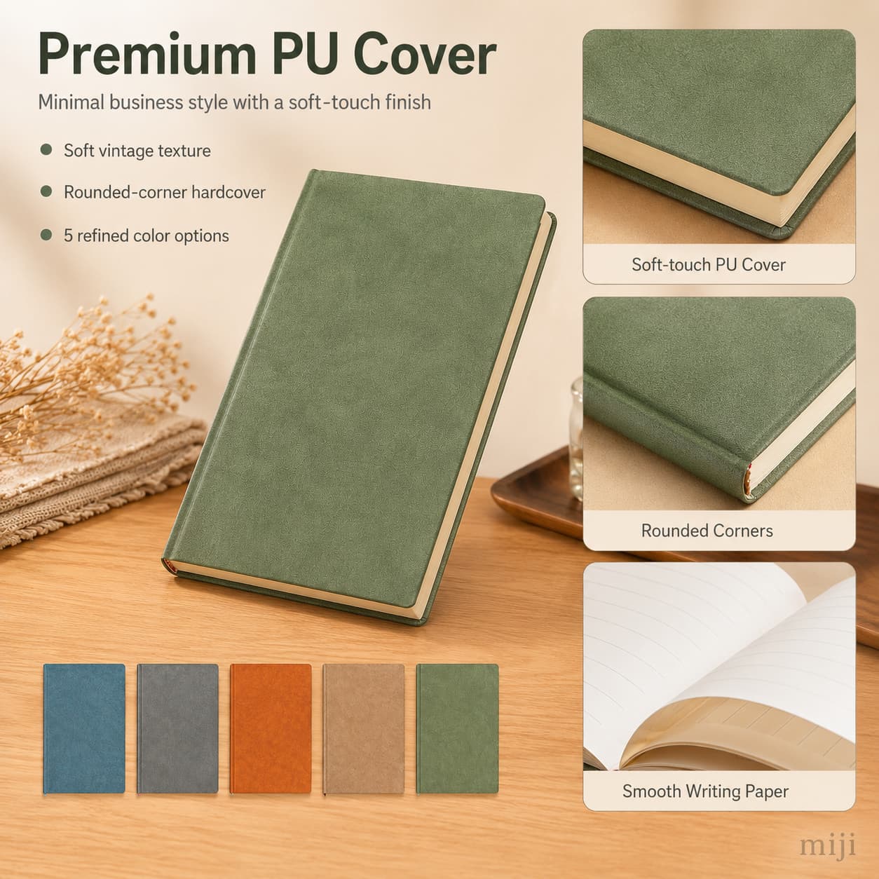 Feature image showing the soft vintage PU texture, rounded corners, hardcover structure and five stock colors.