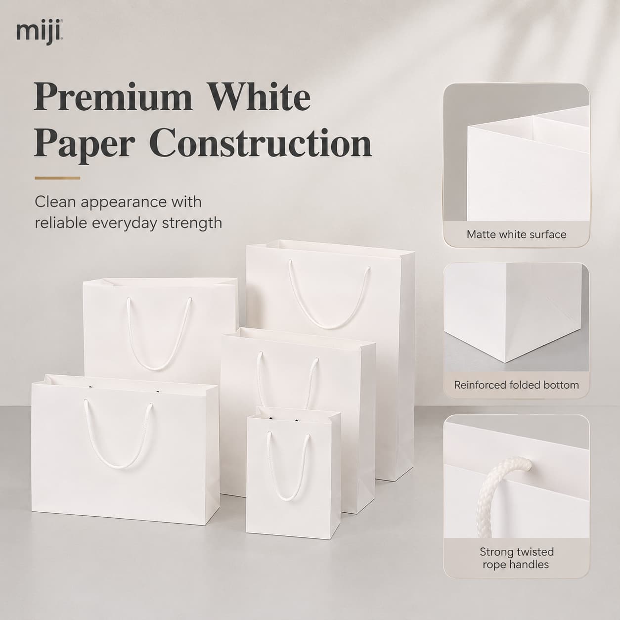 White paper shopping bags with detail views of the matte surface, folded bottom and twisted rope handle.