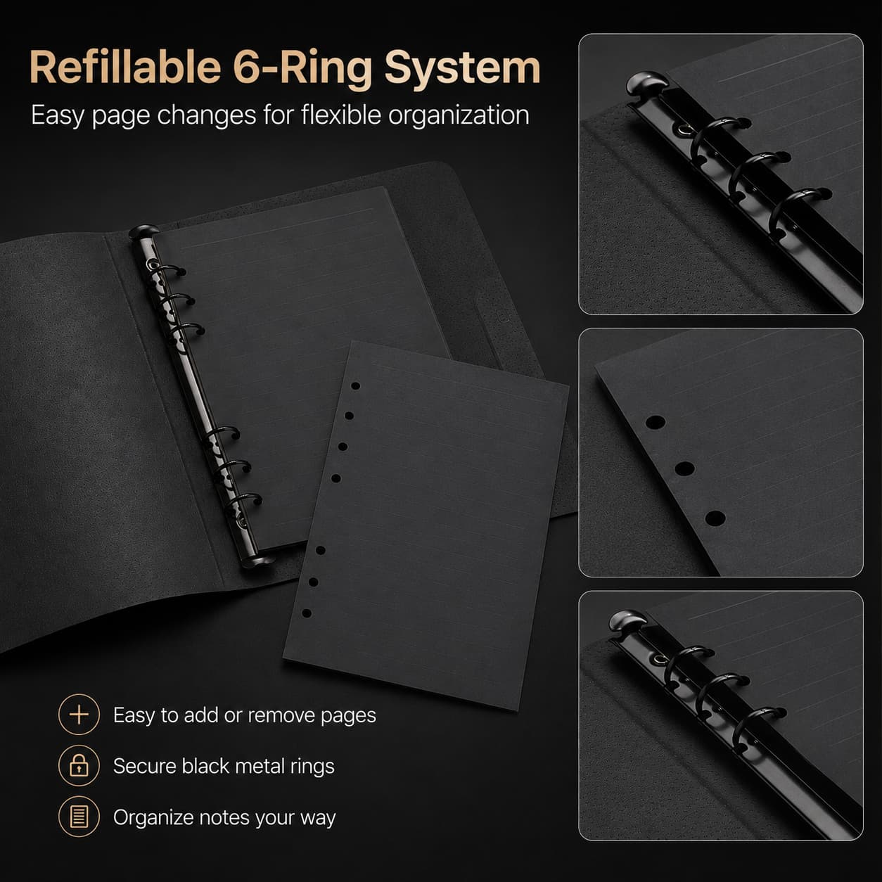 Open black loose-leaf notebook with close-up views of the secure 6-ring mechanism and removable punched refill sheets.