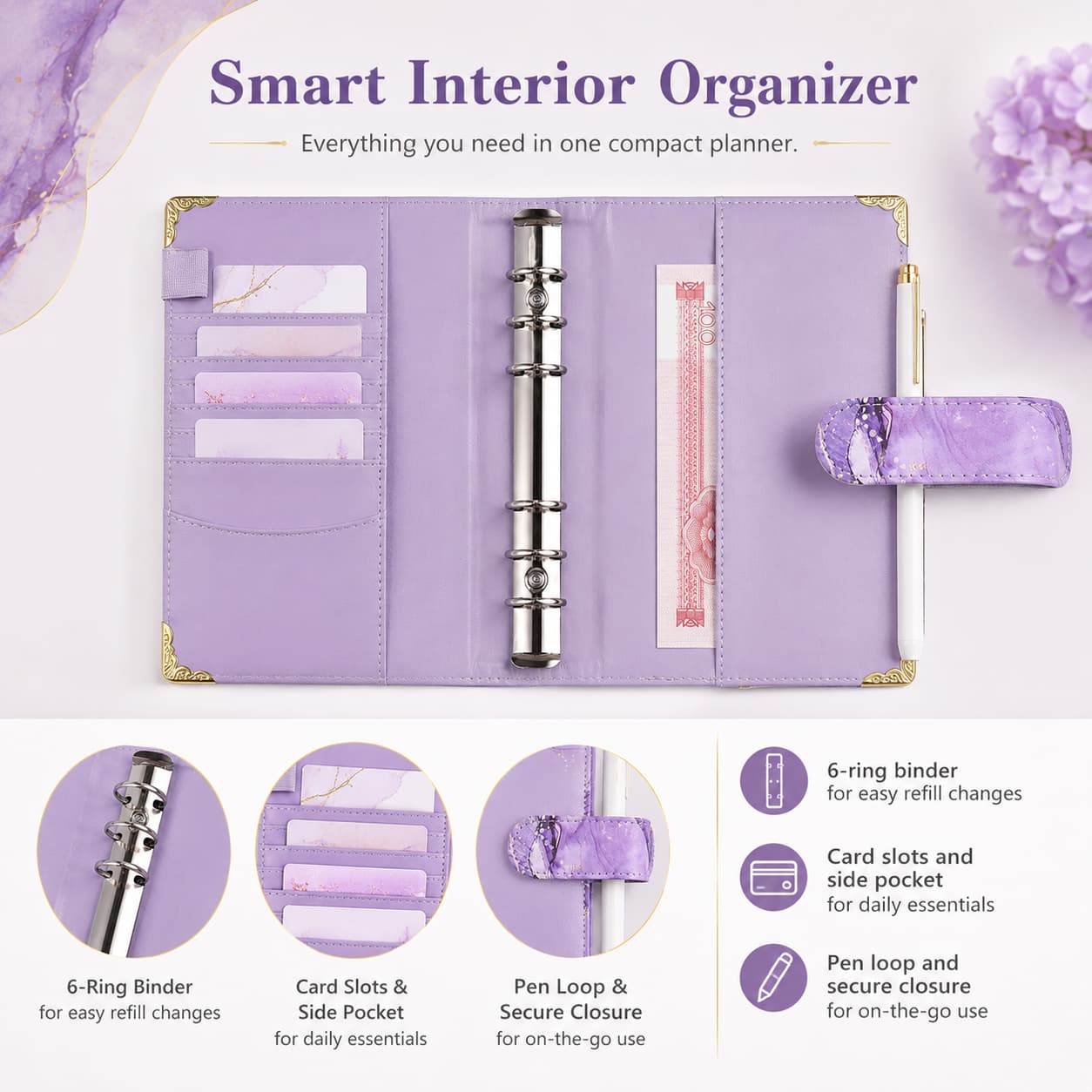 Open A6 planner showing six-ring binder mechanism, card slots, side storage pocket, pen loop and secure strap closure.