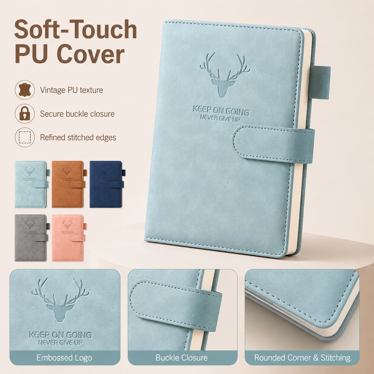 Light blue PU notebook with close-up details of the embossed deer logo, buckle closure, rounded corner and stitched edges.
