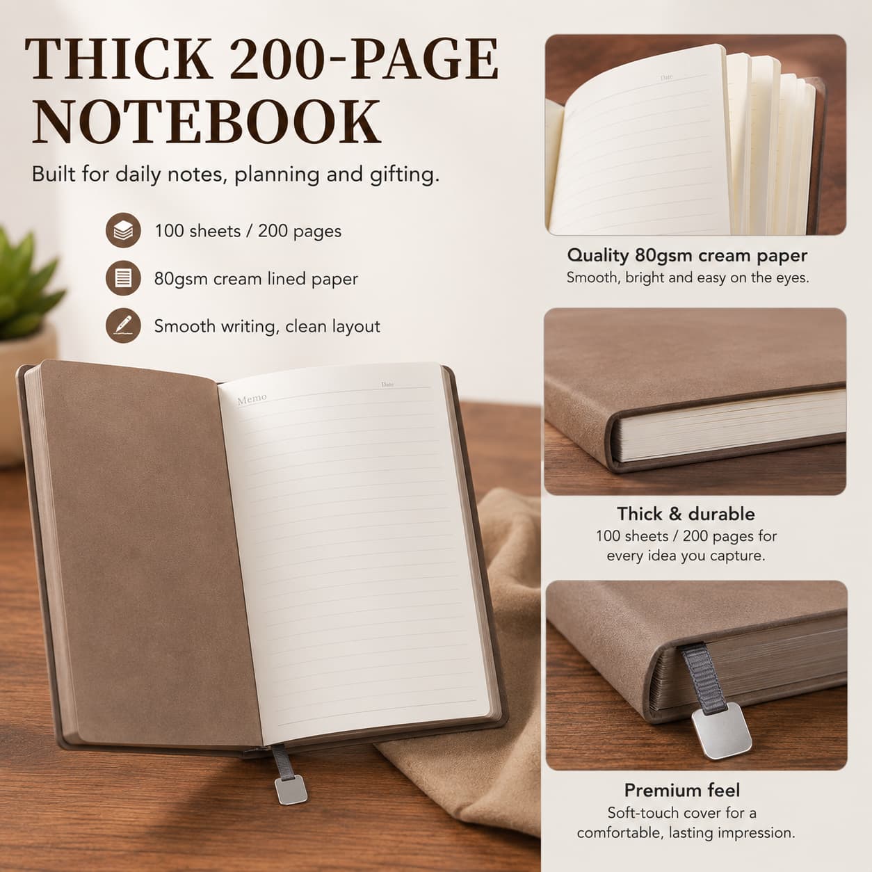 Coffee brown A5 notebook with close-up details of the integrated spine pen slot, color-matched page edges and metal bookmark tag.