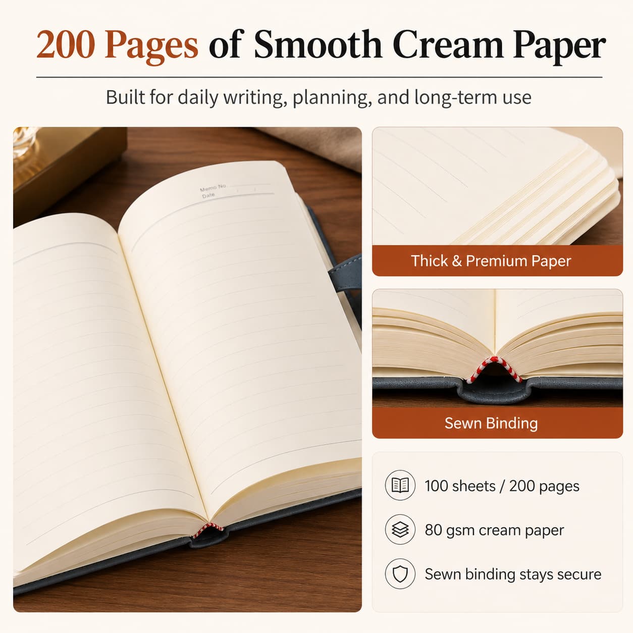 Open notebook feature graphic showing 100 sheets / 200 pages, 80 gsm cream lined paper and secure sewn binding.