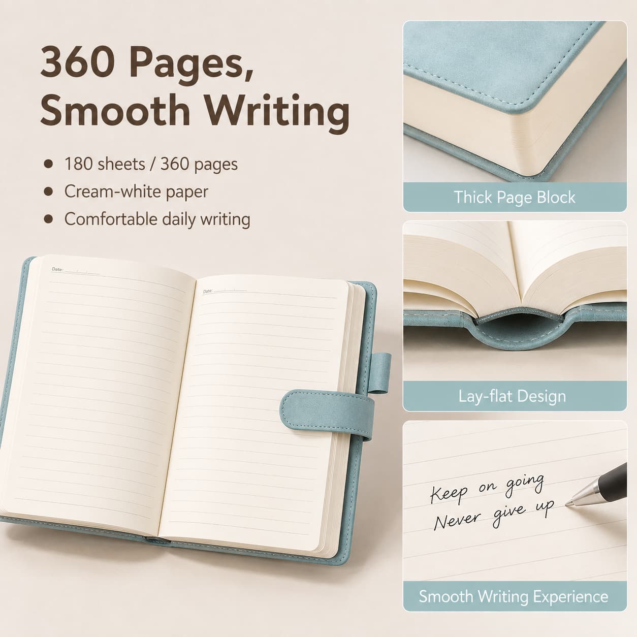 Open light blue A5 notebook showing thick 180-sheet / 360-page cream paper, lay-flat structure and smooth lined writing surface.