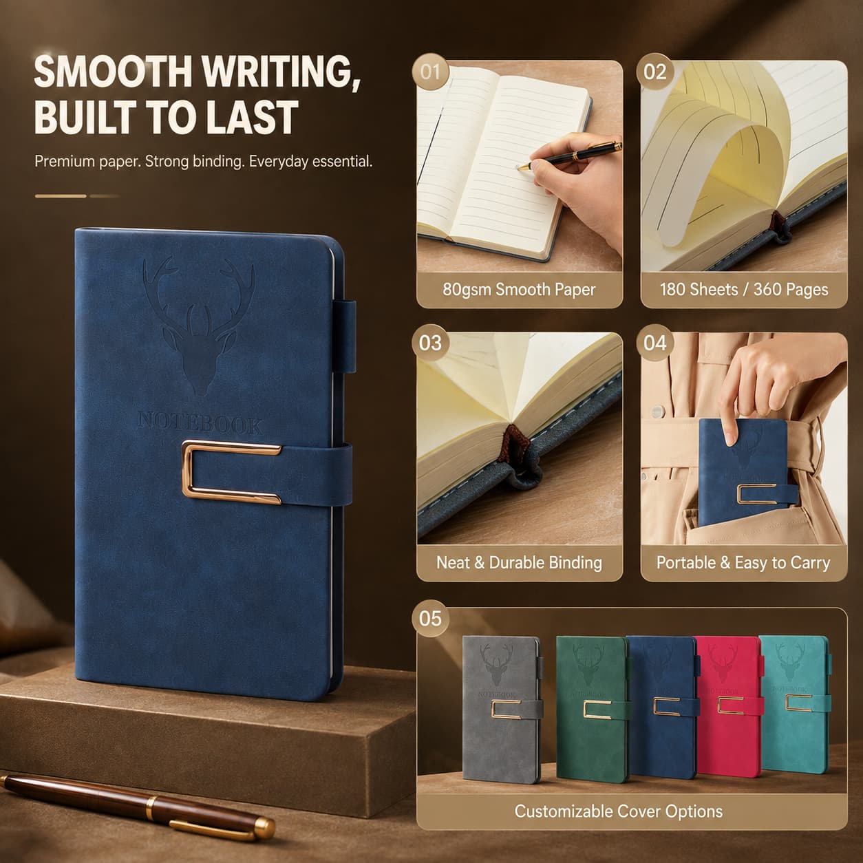 Feature graphic showing 80 gsm lined paper, 180 sheets / 360 pages, durable binding, portable use and multiple notebook colors.