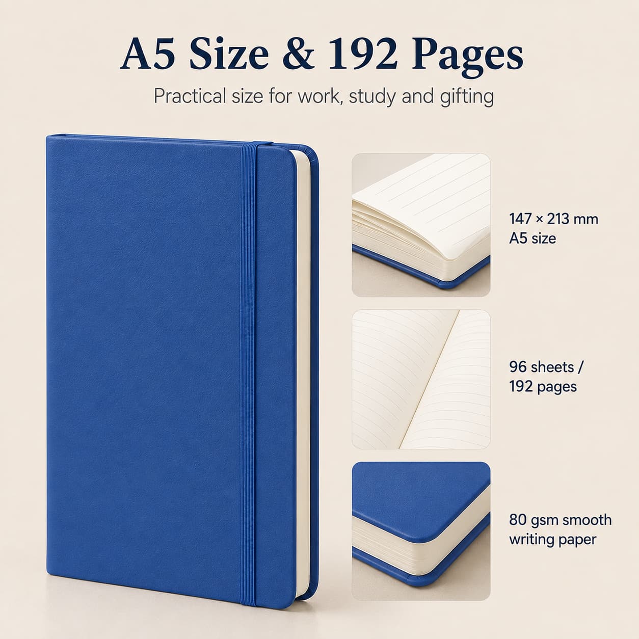 A5 PU notebook with 147 × 213 mm size, 96 sheets / 192 pages, 80 gsm paper, and lined-page detail views.