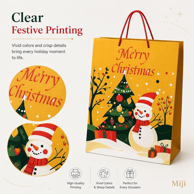 Christmas paper gift bag with close-up views of Merry Christmas lettering, snowman artwork and vivid seasonal printing.