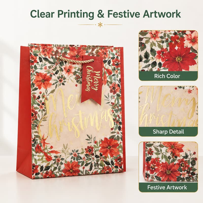 Christmas floral paper gift bag with close-up views showing rich color, sharp printed detail and festive artwork.