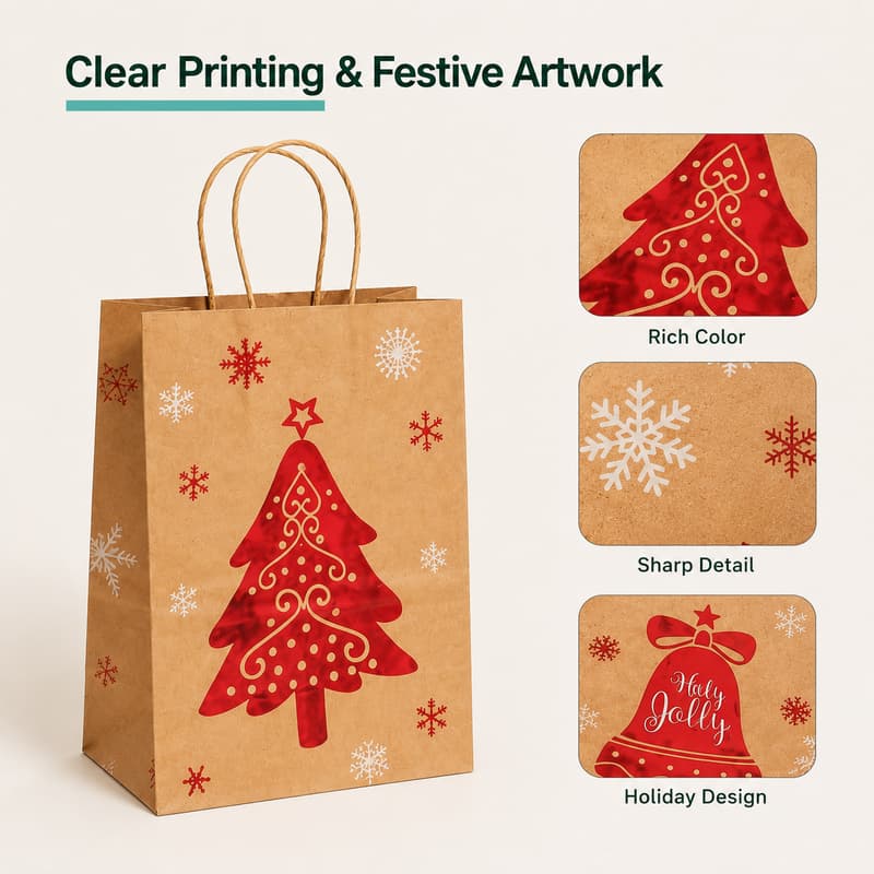 Christmas tree kraft paper bag with close-up views of rich color, sharp detail and holiday artwork.