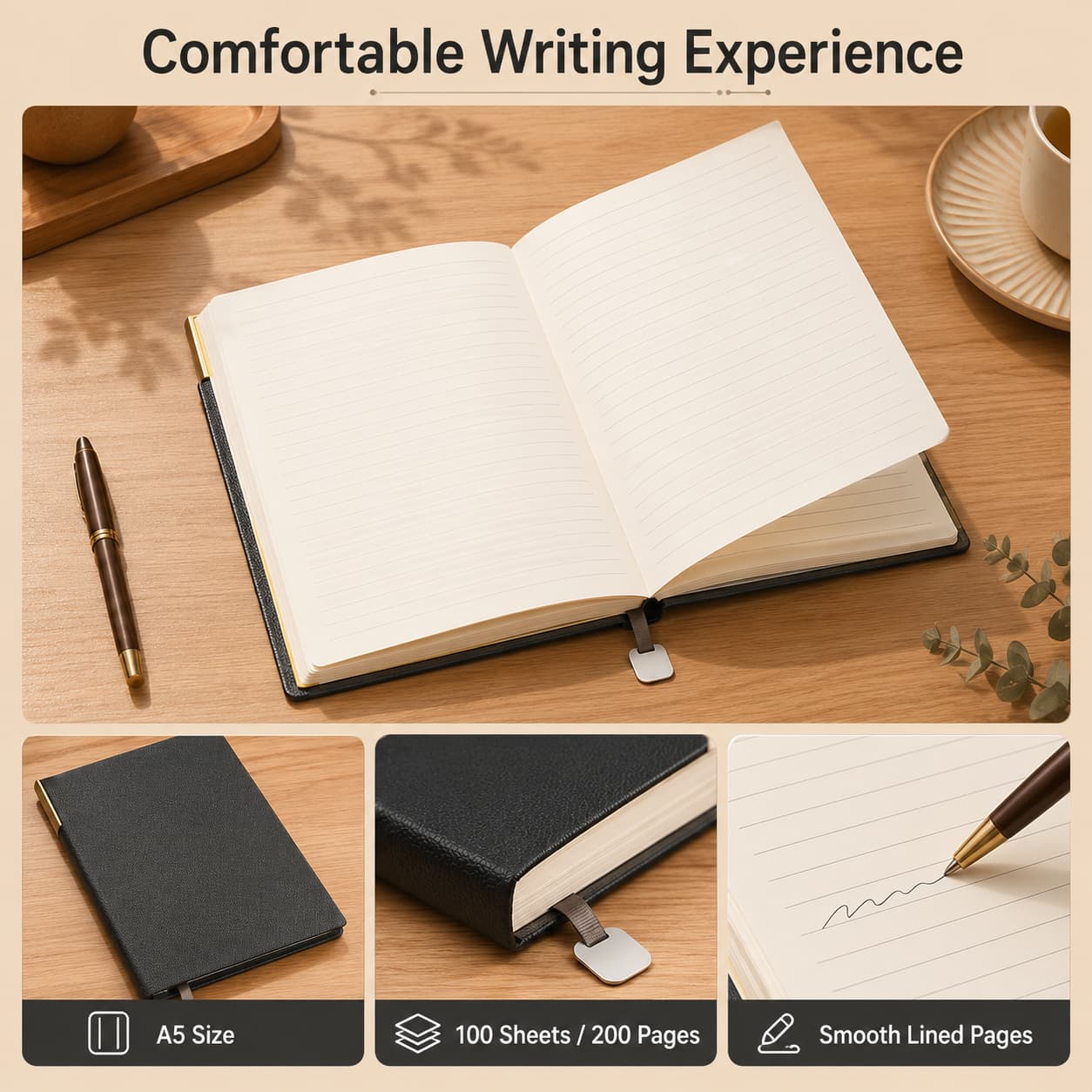 Open A5 notebook with lined pages, page count highlights, and smooth writing presentation.