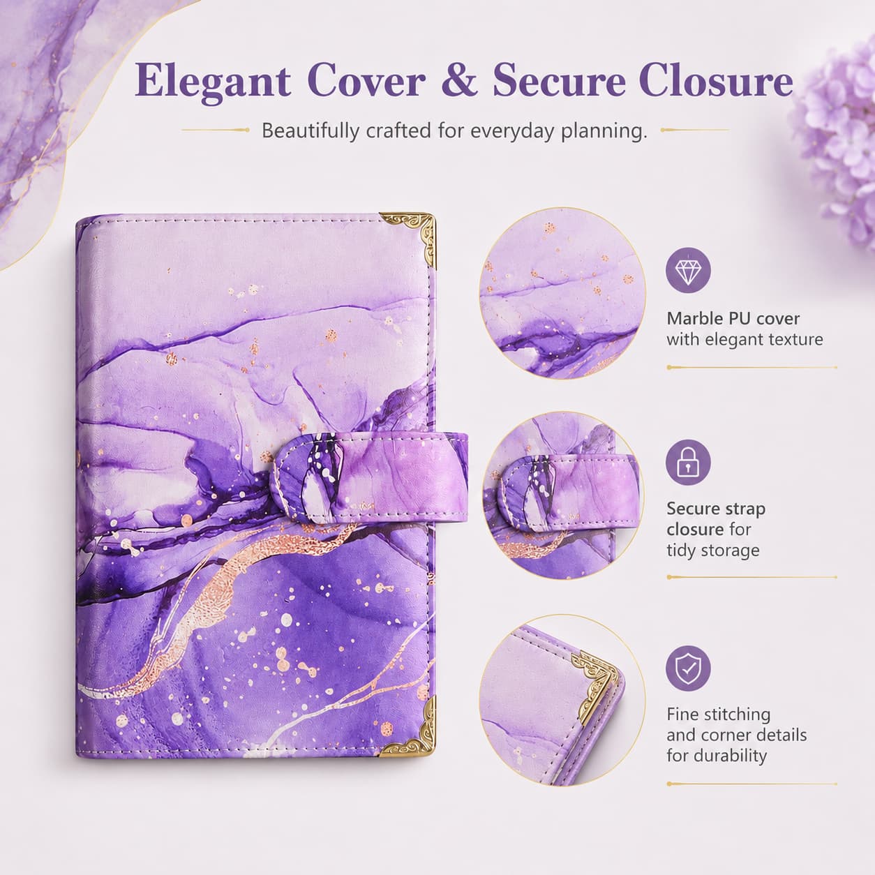 Purple marble PU planner with close-up views of cover texture, stitched strap closure and decorative metal corner protectors.