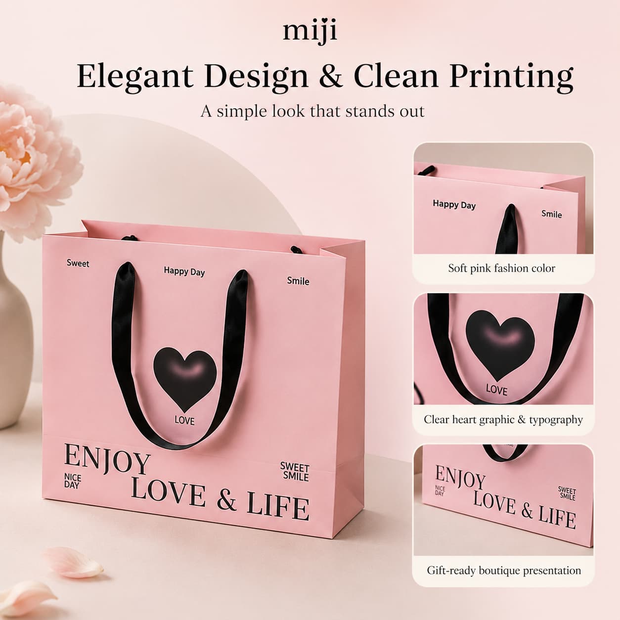 Pink heart gift bag with detail views of the fashion color, black heart graphic and clean printed typography.