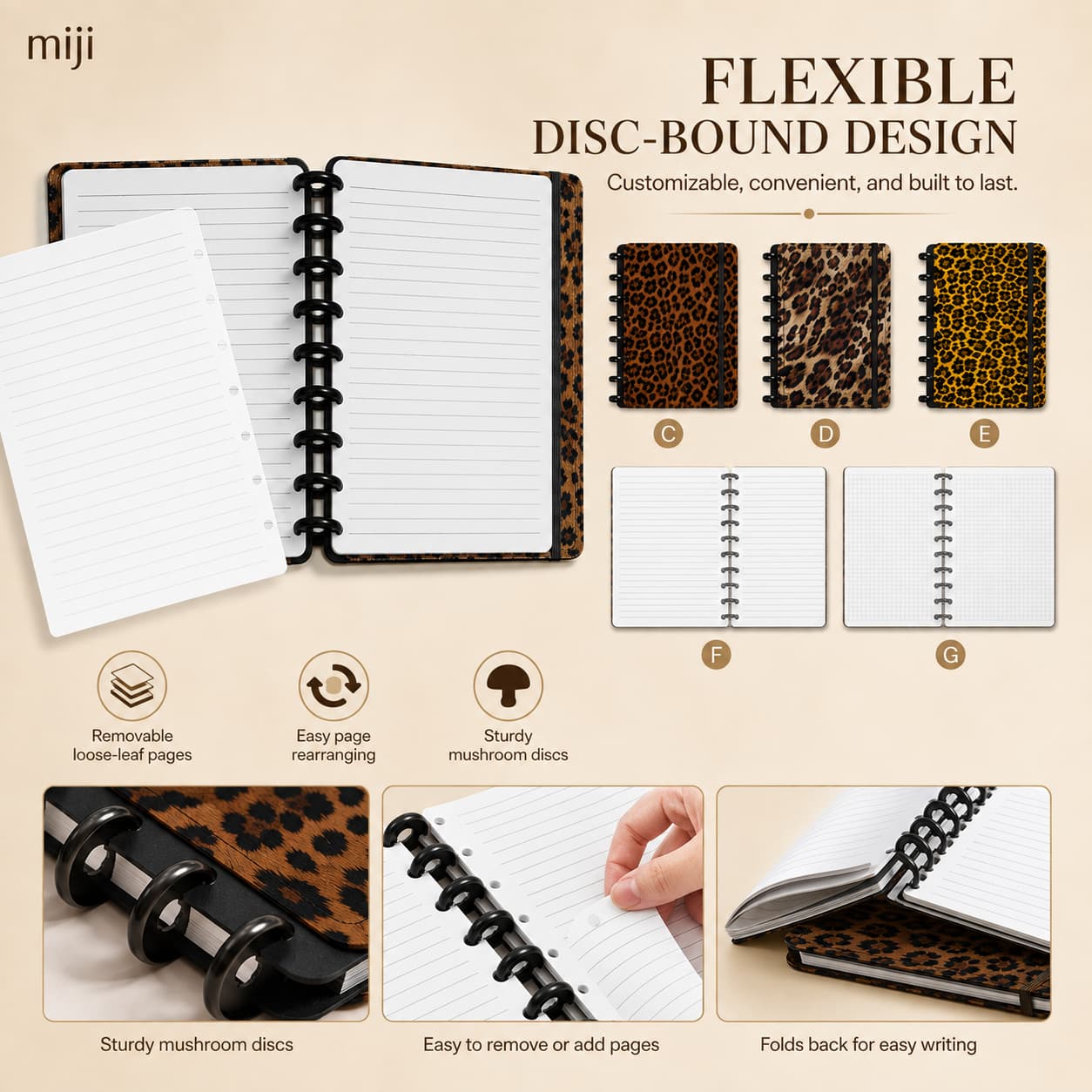 Open leopard notebook showing removable loose-leaf pages, sturdy mushroom discs, easy page rearranging and fold-back writing.