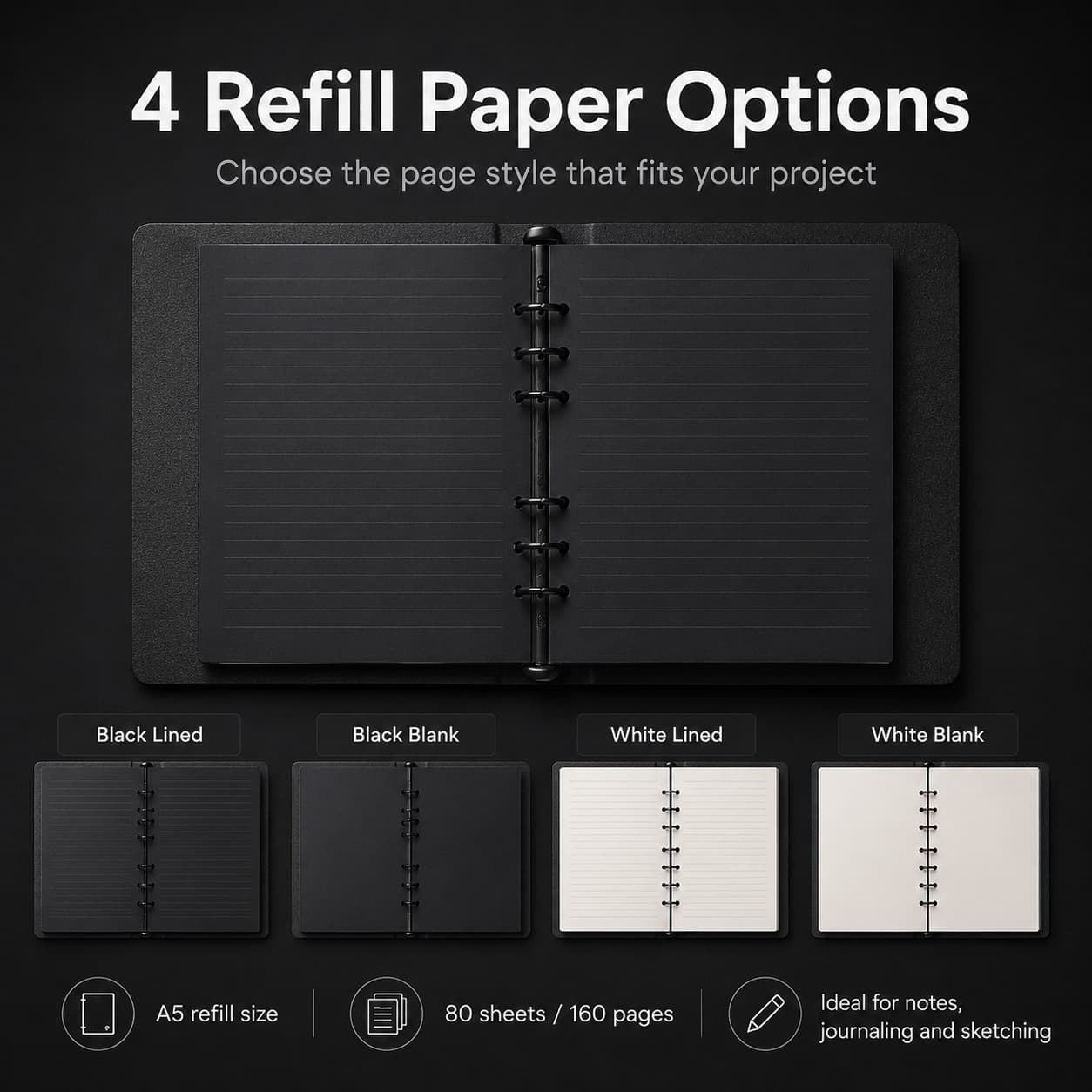 A5 loose-leaf notebook showing black lined, black blank, white lined and white blank refill paper choices.