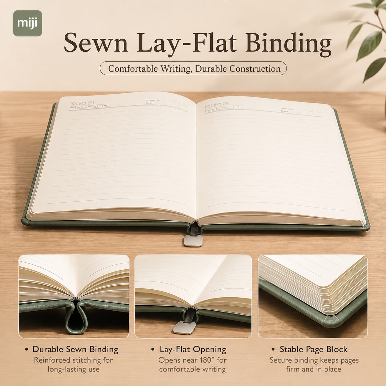 Open hardcover notebook showing near-flat writing, secure sewn binding and stable lined pages.