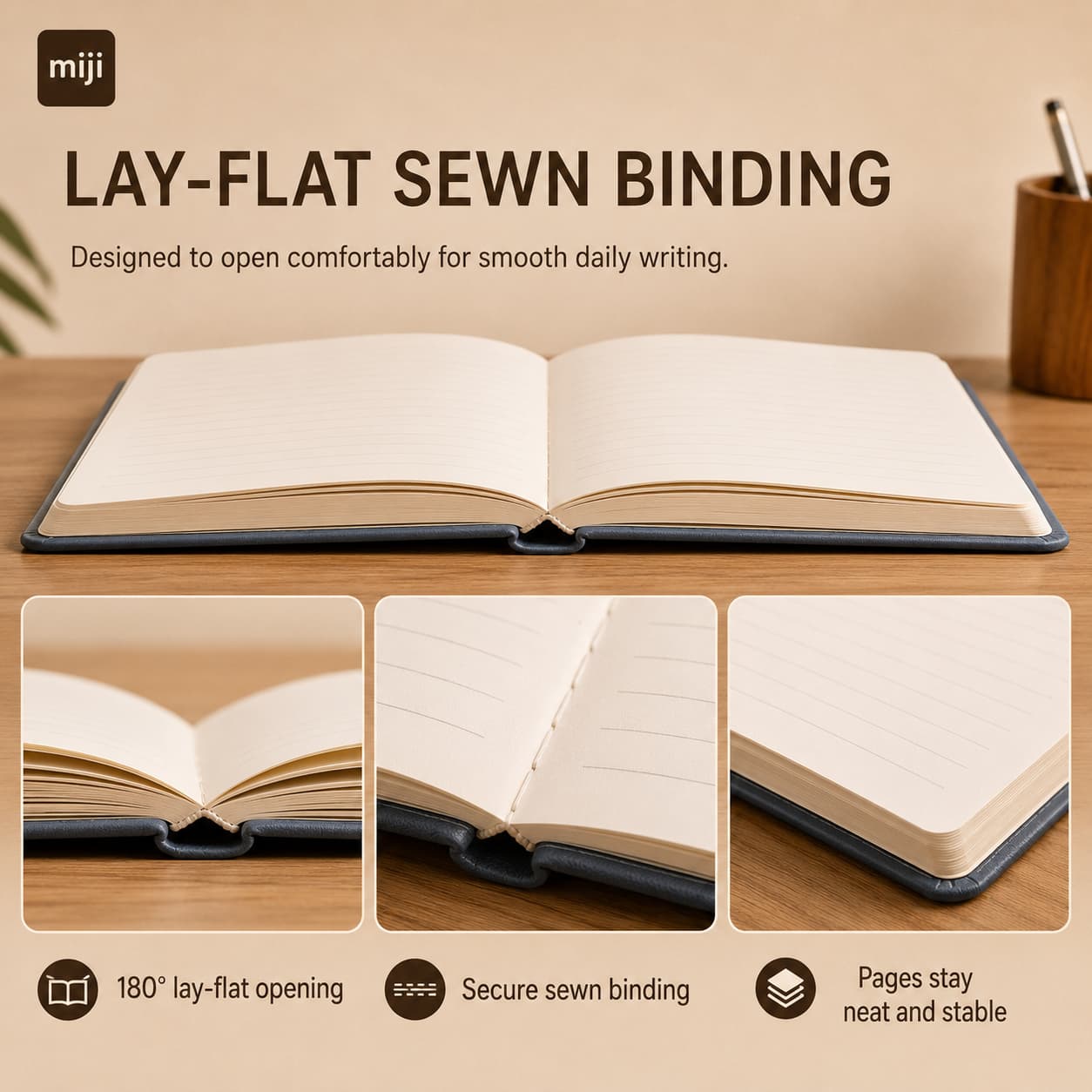 Open hardcover notebook showing near-flat writing, secure sewn binding and stable lined pages.