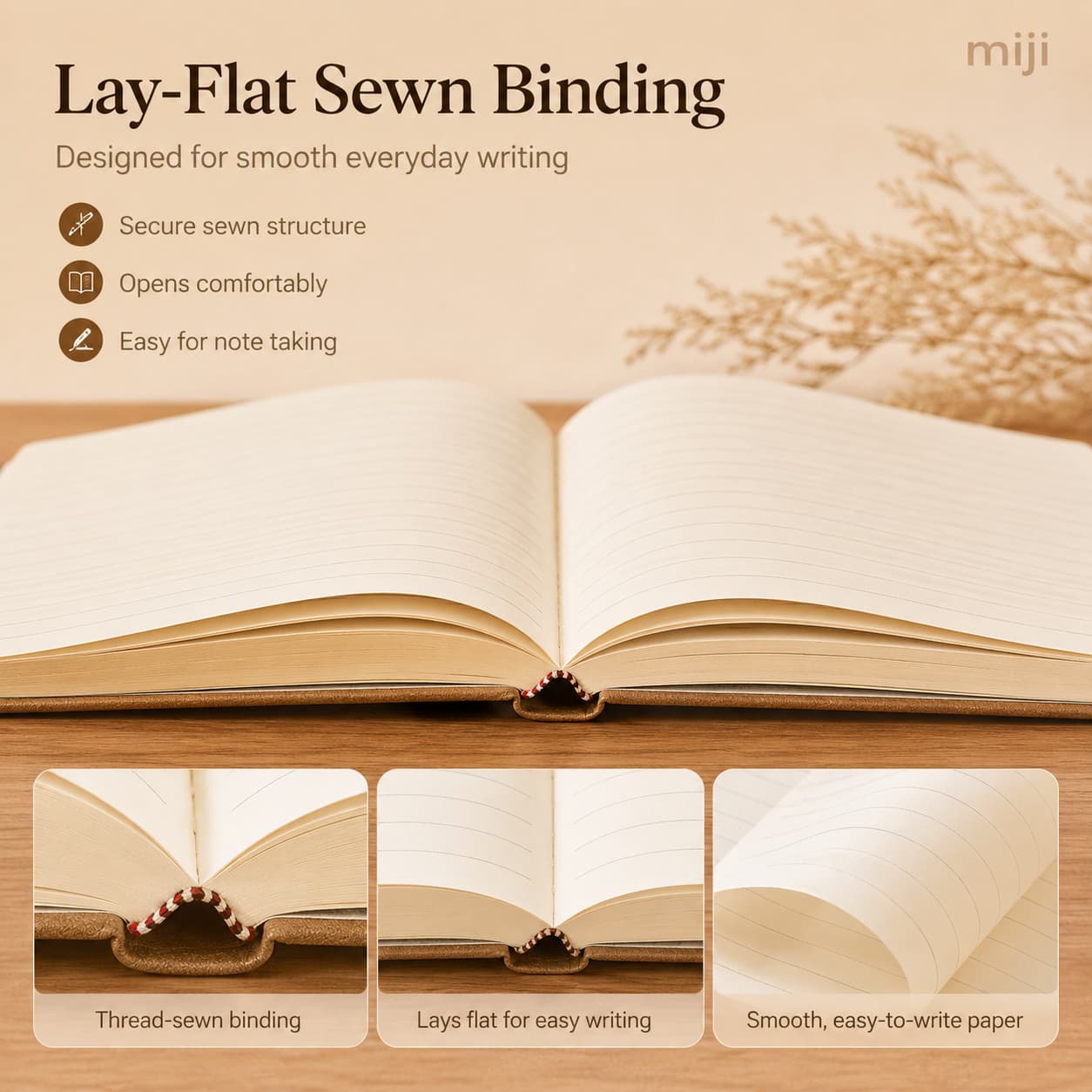 Open A5 hardcover notebook showing secure sewn binding, near-flat writing and stable lined pages.