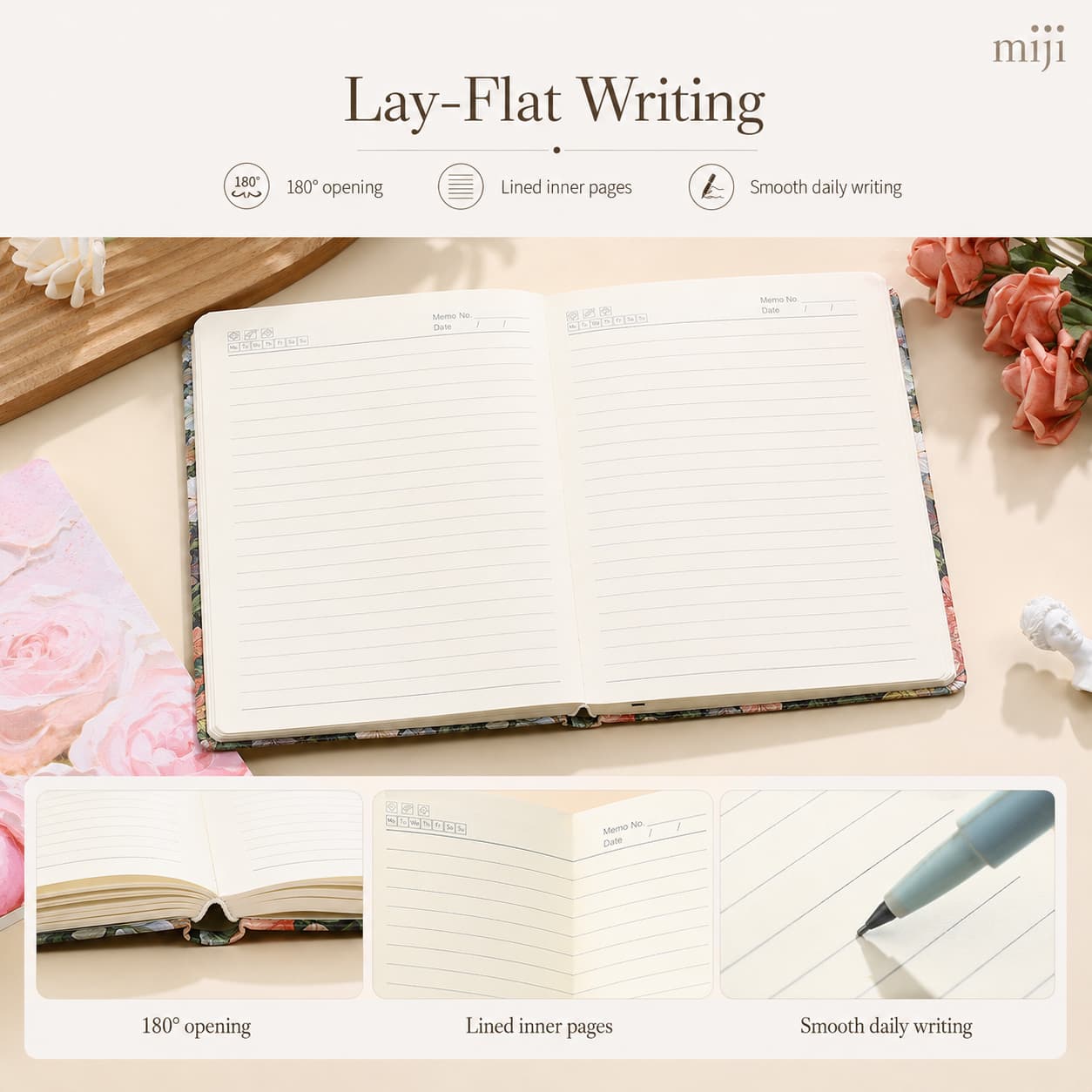 Open floral notebook showing lined Dolin paper, approximately 180-degree opening and a close writing detail.